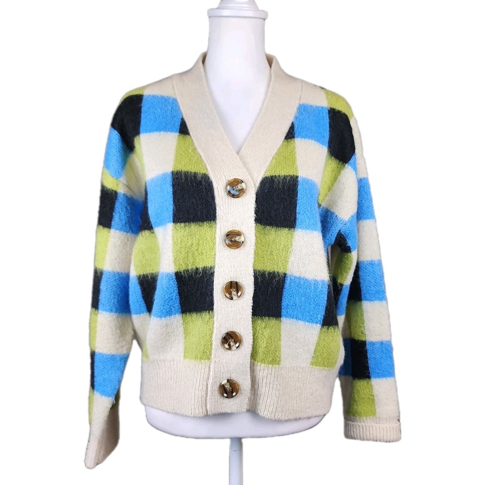 FRNCH Paris‎ Cardigan Sweater Womens Medium Green Blue Check Wool Alpaca Blend